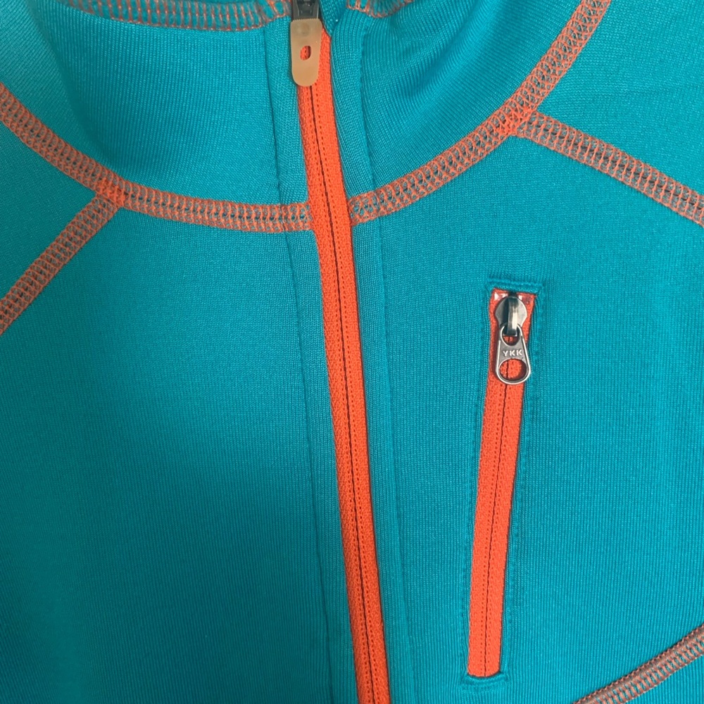 Marmot Teal Fleece with Orange Stitching Size M Vertical Zipped Pocket - Picture 11 of 12